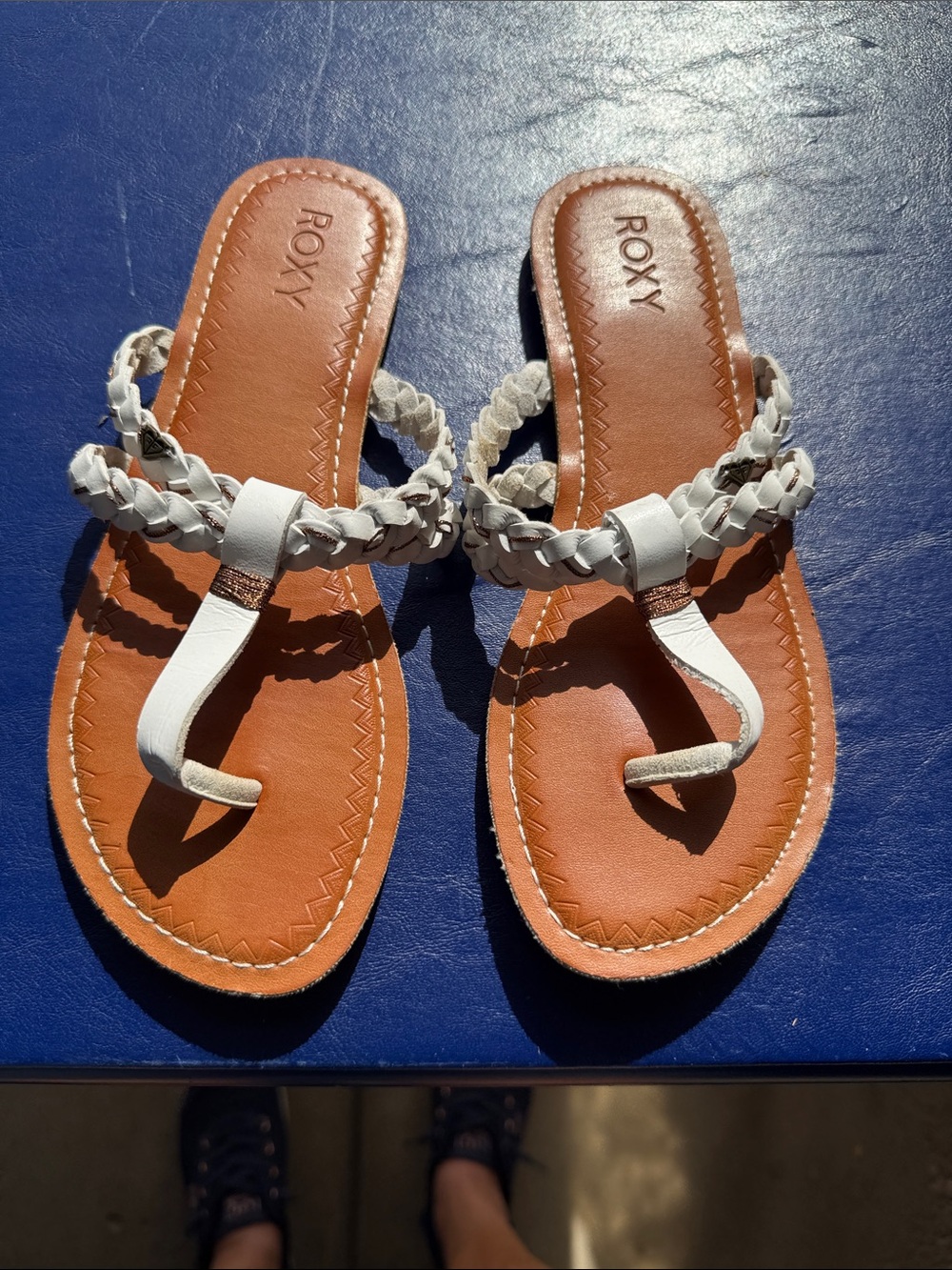 Roxy White Braided Toe-Loop Sandals with Brown Footbed